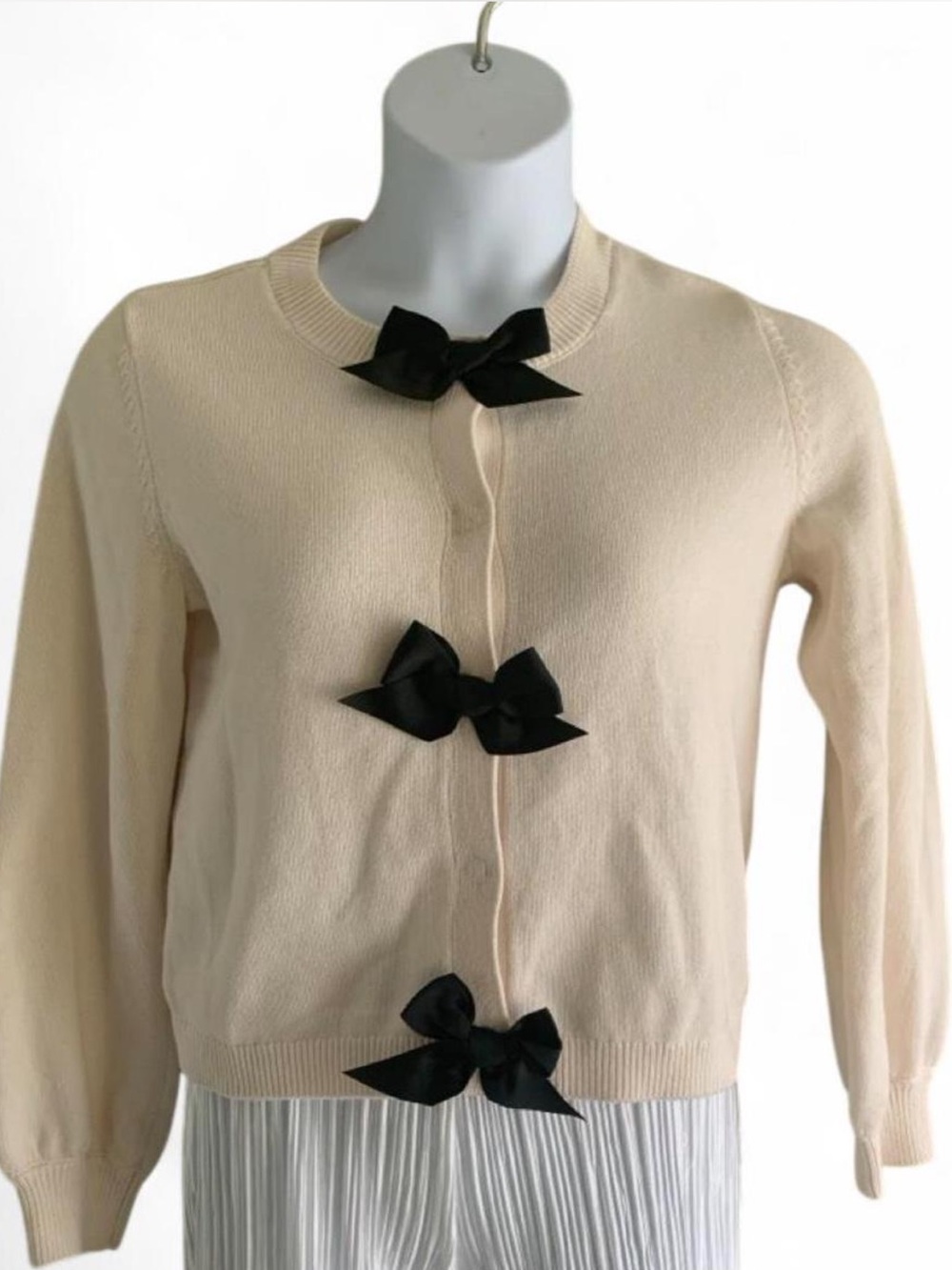 LOFT Cream Crewneck Cardigan with Black Bow Accents size MP